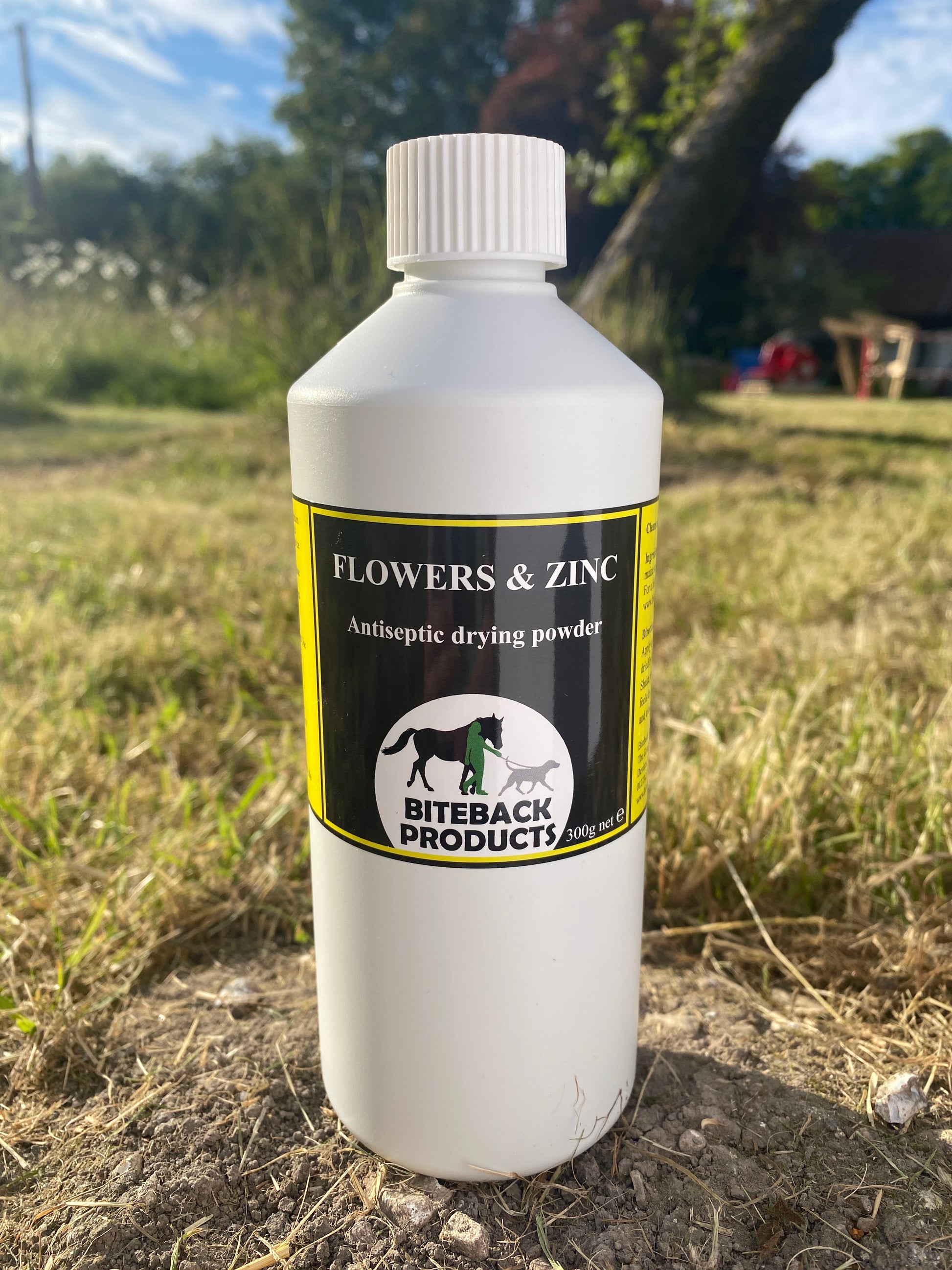 Bottle of antibacterial drying powder for horses