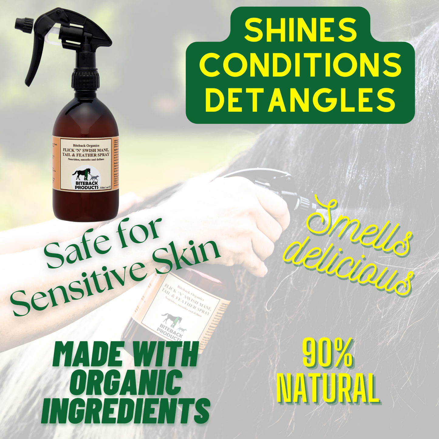 Benefits of Flick'n'Swish luxury grooming spray for mane and tail.
