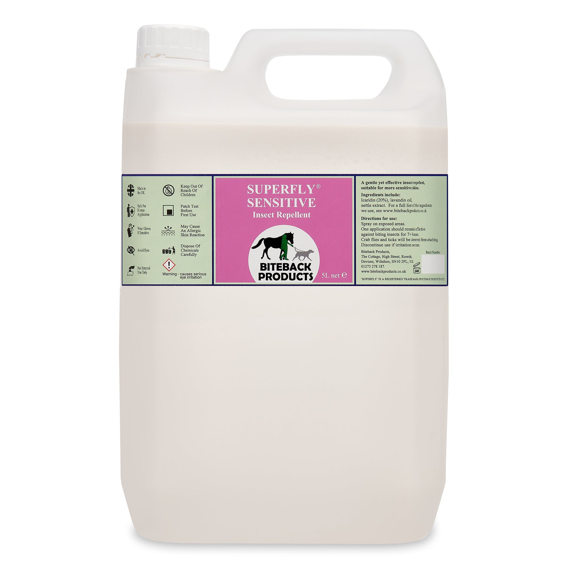 A 5L refill bottle of SuperFly Sensitive Insect Repellent with Icaridin
