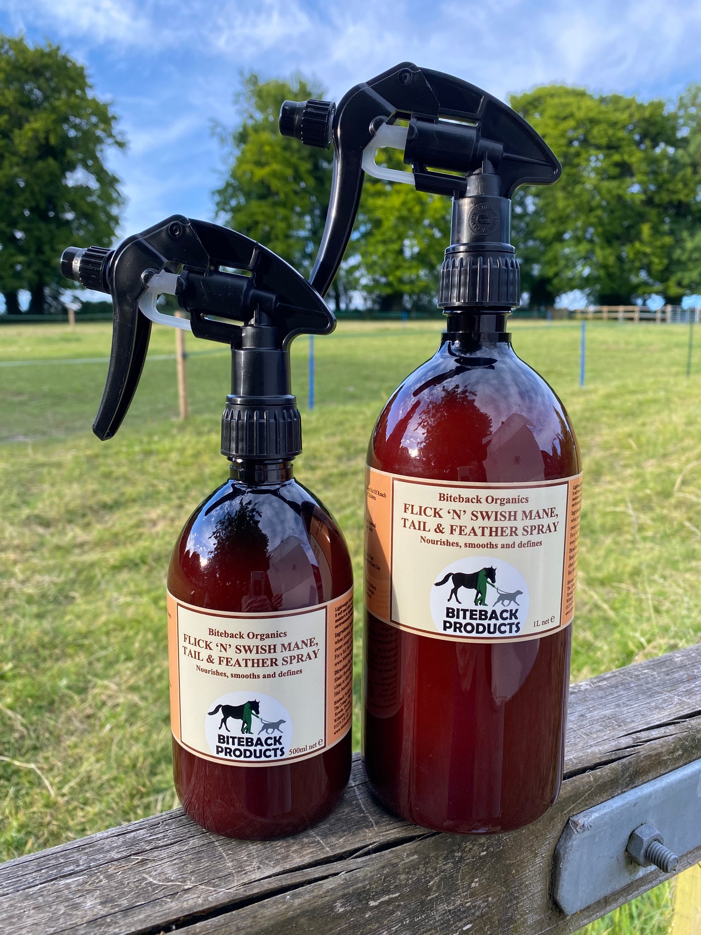 Pair of mane and tail grooming spray for horses.