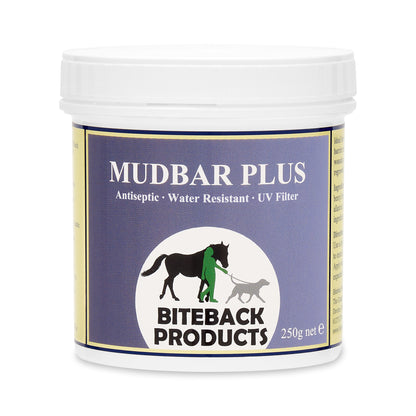 Jar of Mudbar Plus cream by Biteback on a white background