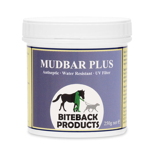 Jar of Mudbar Plus cream by Biteback on a white background
