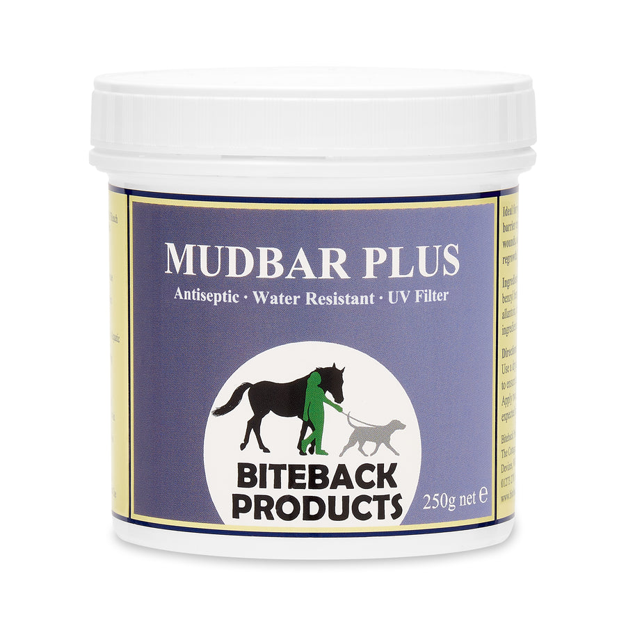 Jar of Mudbar Plus cream by Biteback on a white background