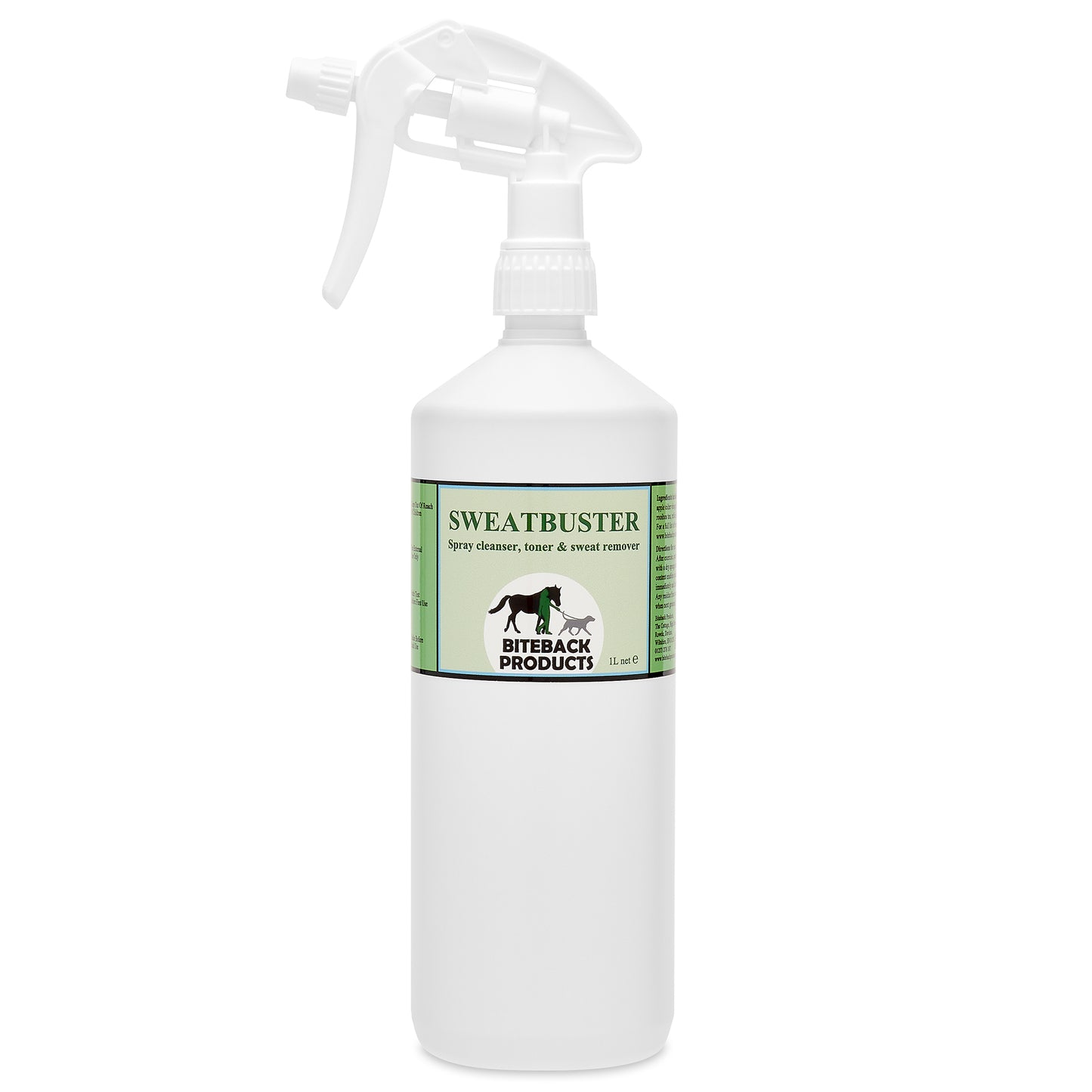 A bottle of Sweatbuster sweat remover spray for horses