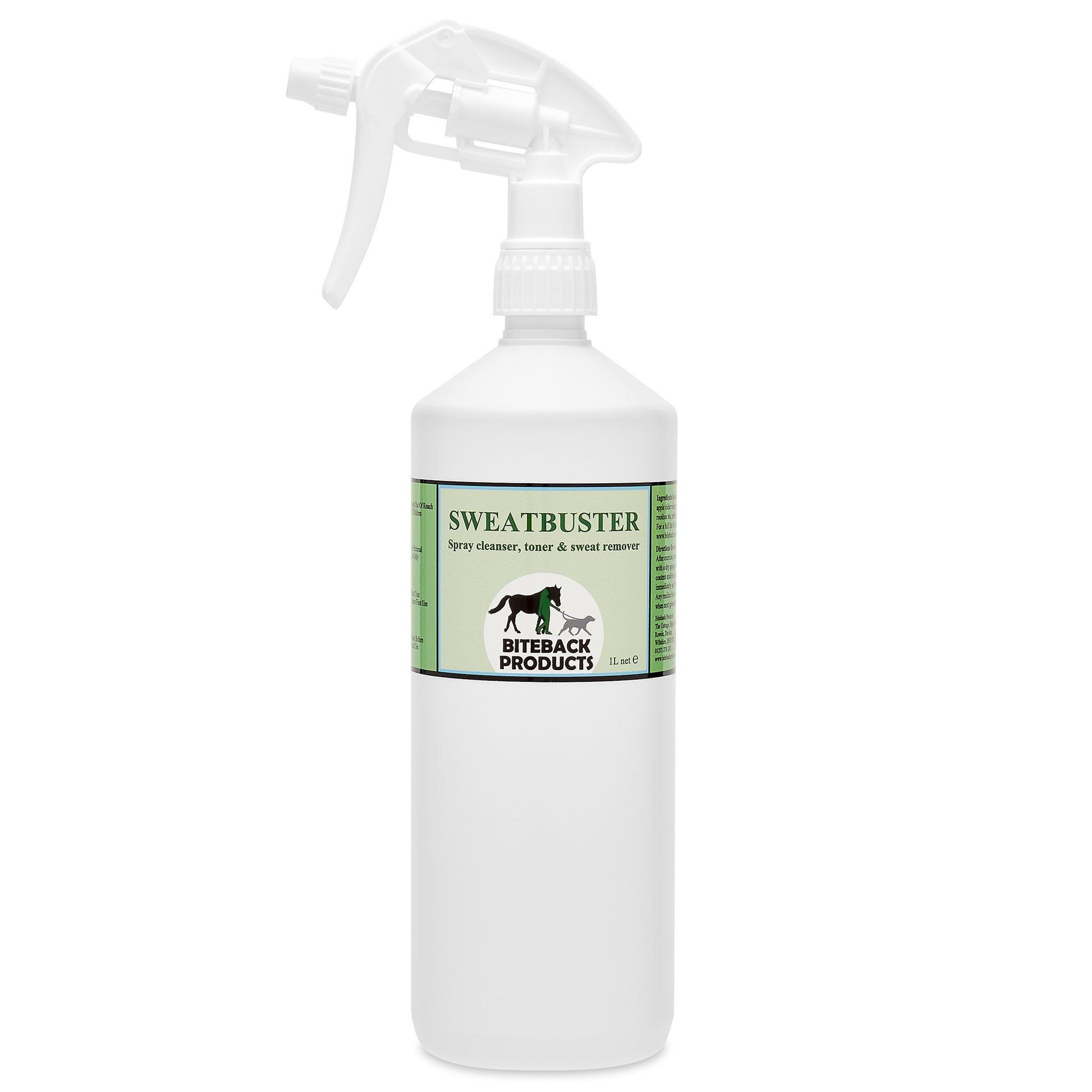 A bottle of Sweatbuster sweat remover spray for horses