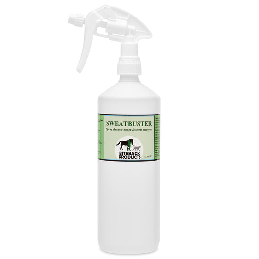 A bottle of Sweatbuster sweat remover spray for horses