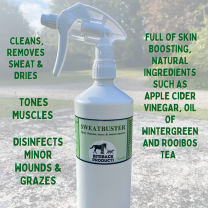 Sweatbuster grooming spray and sweat remover for horses