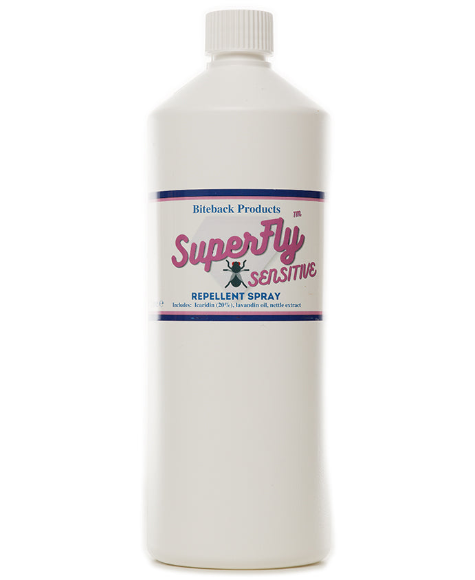 A bottle of SuperFly Sensitive, an insect repellent spray for sensitive horses