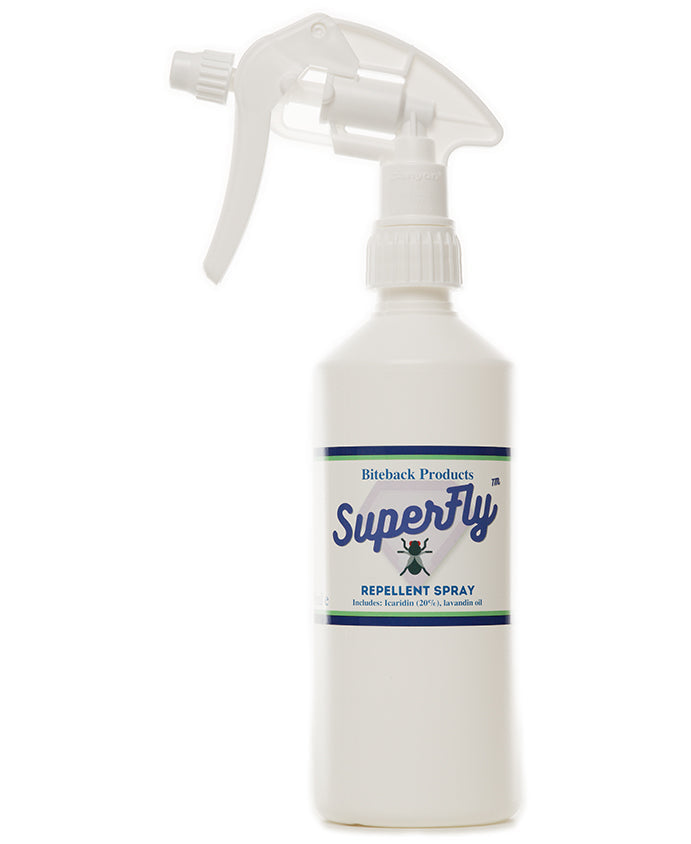 A bottle of Biteback's Superfly, a crab fly repellent spray