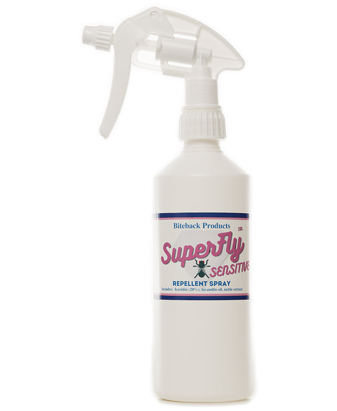 A bottle of SuperFly Sensitive, an insect repellent spray for sensitive horses