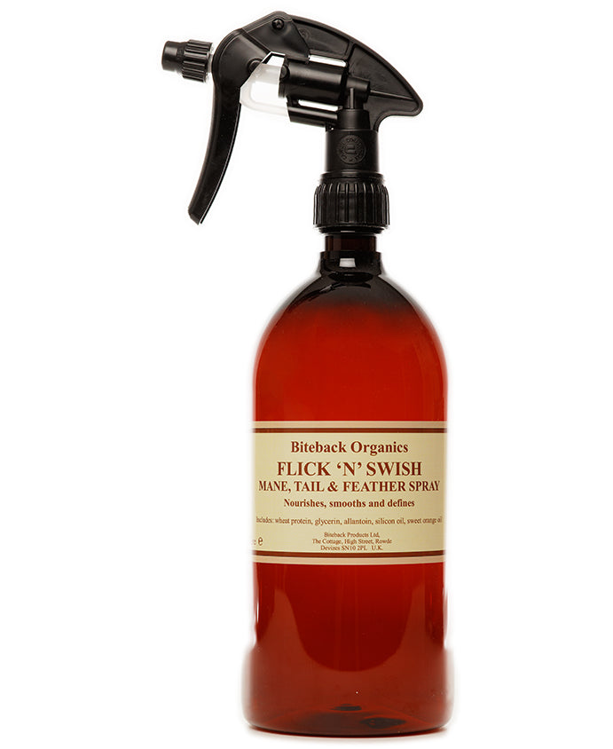Flick 'n' Swish is an organic grooming spray for horses that detangles and conditions